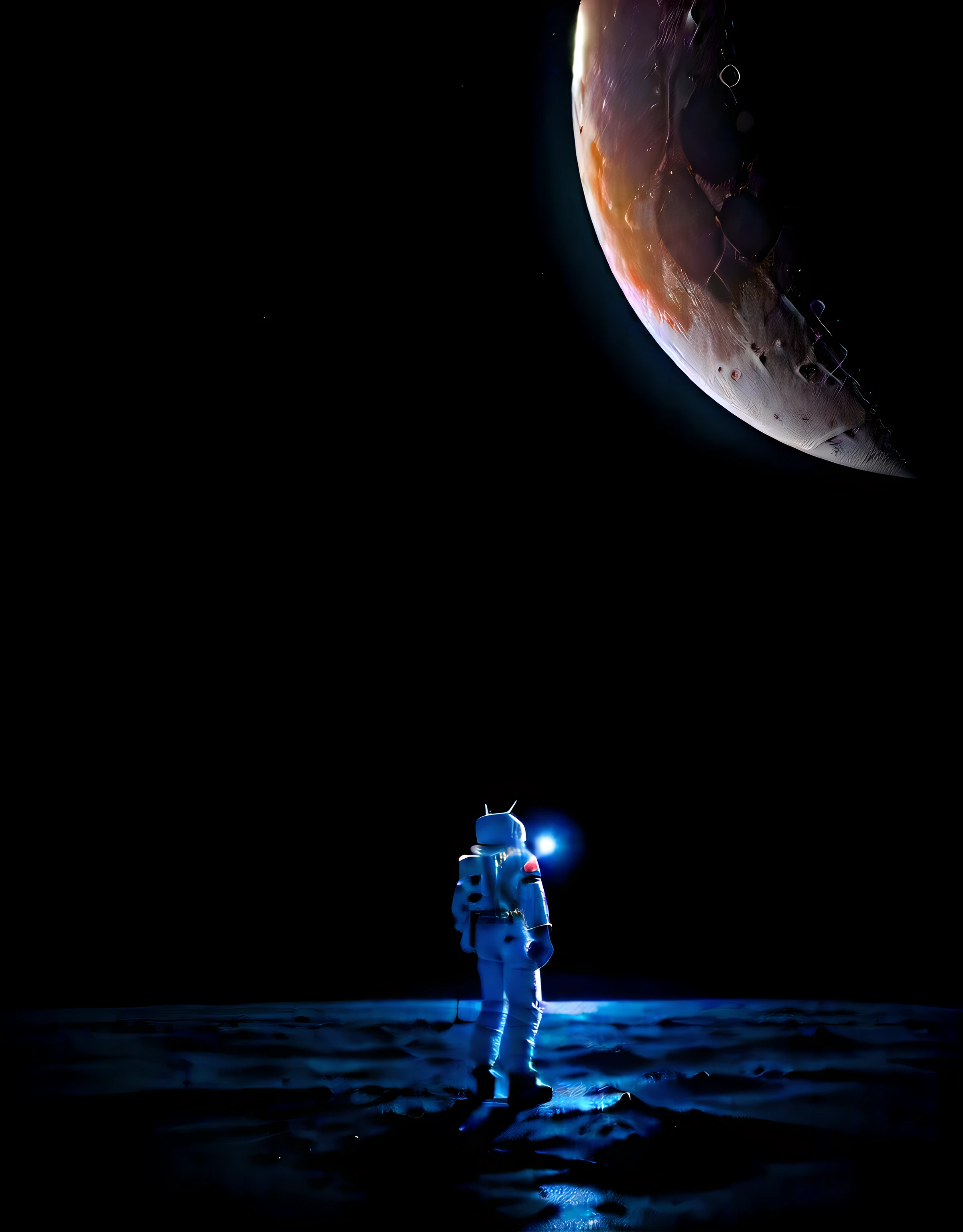 cartoonish moon, a cartoonish astronaut standing on the surface, blurry dark universe, few stars in the background, view from a far distance, realistic drawing, art work, masterpiece