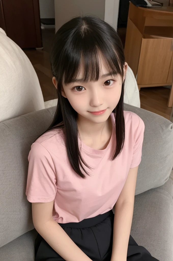 ,high school studek T-shirt,Culottes,Black Hair,bangs,ponytail,Straight hair,Dark Eyes,thin足,slender,Small face,Young Face,Clean your eyes,Small Mouth,thin,Young Face,Small breasts,Small breasts,Small breasts,Small breasts,Realistic photos,4K,Mouth slightly open,Ultra HD,whole body,Pure girl,whole body,,Smile,8 heads,Low - Angle,living room,On the sofa,