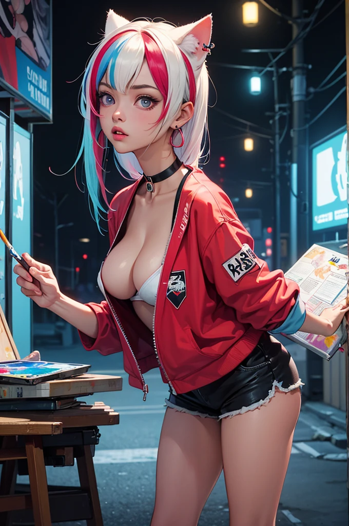 4k,CG Digital rendering,wallpaper,illustration,absurdres,Ultra HD,incredibly absurdres,masterpiece,amazing,finely detail,original,beautiful-detailed eyes,tyndall effect,dynamic angle,cyberpunk city,night,

(1girl:1.5),(solo),((streetwear)),toon,medium breasts,nsfw,shorts,((Sexual suggestion)),(standing),leaning forward,earrings,cat_ears,ribbon choker,(cleavage),((colorful streaked hair)),((( gradient hair))),

neon light,, ((painting, canvas, fine art)), detailedHDR, portrait, 50mm, F/2.8, 1m away，