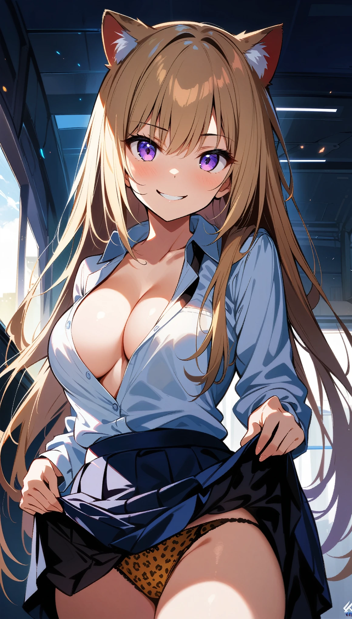 1 girl, Are stand, long hair, long twintail, golden hair, purple eyes, ((Leopard print underwear)), (((Worn school uniforms))), (evil smile), (cowboy shot), (cleavage), (((showing underwear))), (((((skirt lift by myself))))), (((from front))), from below, ((looking at viewer)), ((32K)), ((best quality)), ((ultra high res)), ((HDR)), ((uhd)), ((extremely detailed CG)), ((unity 32K wallpaper)), ((perfect anatomy)),