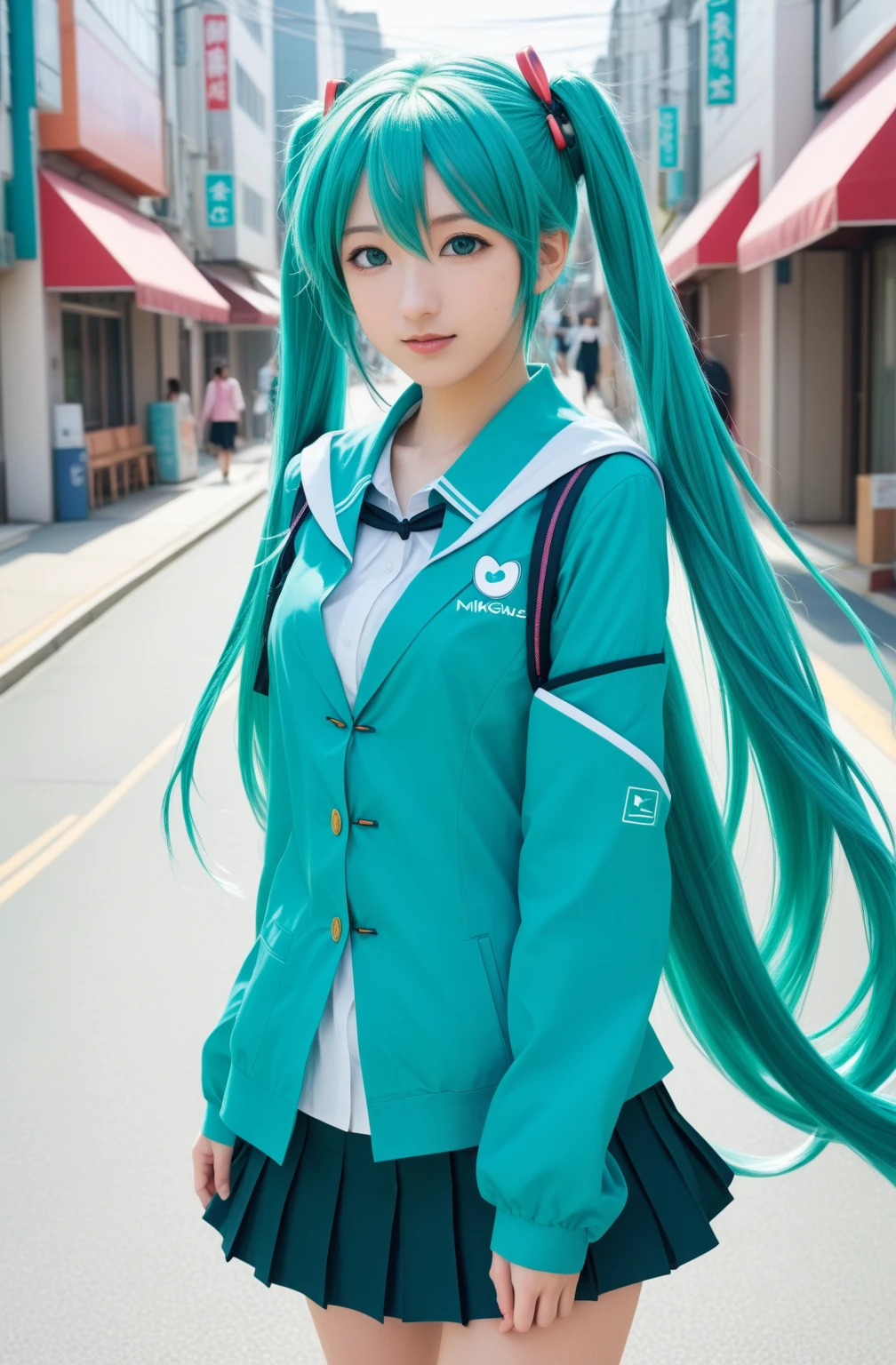 Anime Girls with long green hair walking down the street, mikudayo, Anime Girls with Turquoise Hair, Anime Moe Art Style, portrait of hatsune miku, Cute girl anime visuals, Teal Uniform, 若いAnime Girls, Official Art, Official Artwork, Official character art, hatsune miku, hatsune miku portrait, miku, wearing blue-green clothes, Anime Girls