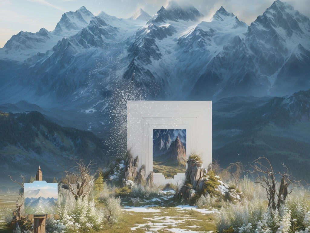 There is a white frame,A mountain in the background, 美丽的风景Rendering,highly detailed surreal vfx, 每日Rendering, 8k 景观Rendering, Rendering, The award-winning. 辛烷值Rendering, 3DRendering和哑光, Beautiful fairy tale, Excellent composition, Beautiful composition 3-D 4K