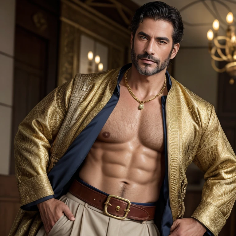Masterpiece, high resolution, HDR, detailed composition, unique, hot handsome charming uniformed Japanese mature hunk from the 1500s invites you to his village, patriarchy, medieval fashion, elegant clothing, luxurious medieval clothing with super fine golden detailing, wearing elaborate jewelry, fine jewelry, wearing rings and necklace, golden, gold, diamond, shiny, royalty, extremely fine clothing details, wearing a large golden belt with rich artistic details, divine, opulence, grandeur, wealthy, rich taste, affluence, wisdom, pristine, sophisticated man, dashing man, scruff and hairy, mature, masculine, macho, beefy man, beautiful hazel eyes, symmetrical eyes, staring directly at camera, charming smile, happy