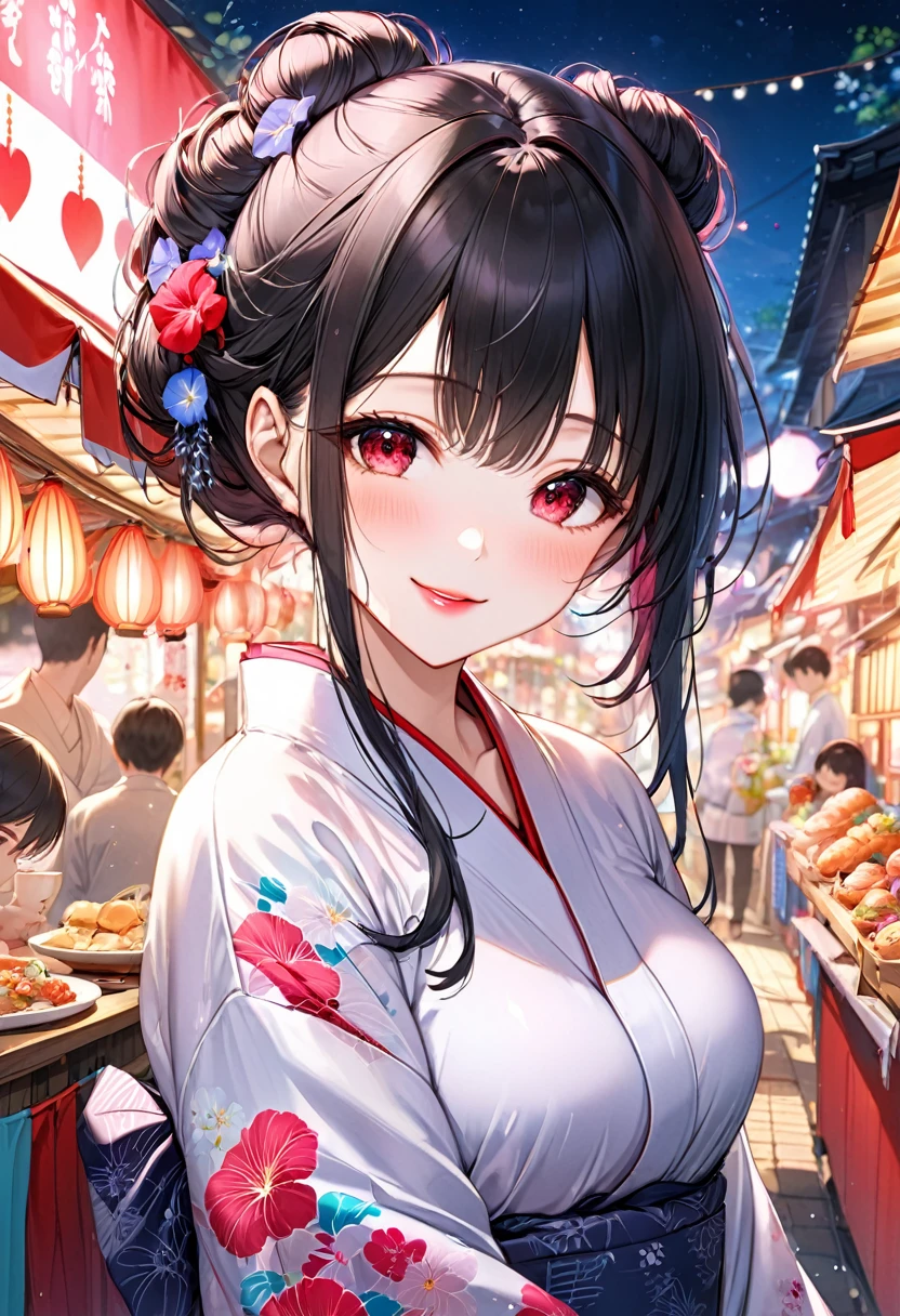 (Lovers style), (pov, Cling to someone's arm), (solo:2, 18 yo, beautiful detailed sexy body), (beautiful asymmetry:1.3 bangs, Messy bun) (best grow black hair very long hair) (sexy sadist girl, beauty detailed moist red eyes), (sexy glossy pink lip, love smile, big tits), in a immensely beautiful yukata with double exposure morning glory) break, in the night summer Festival food stalls, BREAK, perfect anatomy, masterpiece, best quality, 16k, beautiful detailed night, daydreaming expression.