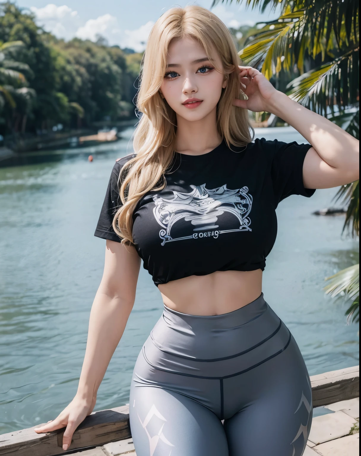 1girl, (Blue Eyes), (smiling :1.2), (Sana Minatozaki), (beautiful makeup), wide hips, (big tits), (big ass), thin waist, thick thighs, toned legs, muscle, (Best Quality, 8k, Masterpiece: 1.3), Clear Focus: 1.2, Perfect Body Beauty: 1.4, strong abs, Highly detailed face and skin texture, detailed eyes, double eyelids, (blond long hair :1.2), (cleavage black t-shirt), (patterned leggings :1.2), standing, dynamic pose, river in the background