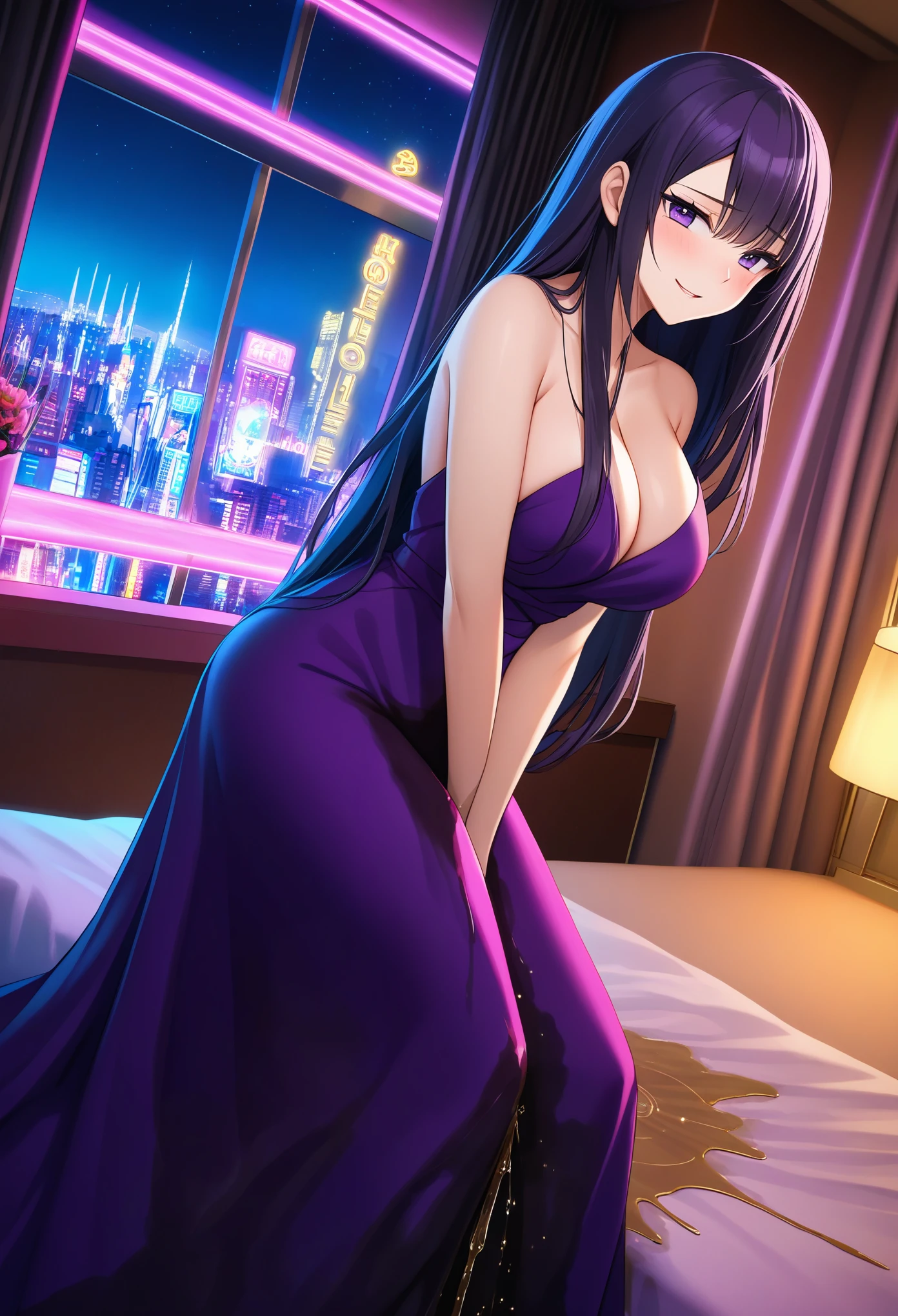 woman, very dark purple hair, purple eyes, long hair, large breasts, very long dress, very tight dress, standing, (wetting herself:1.5), best quality, ultra-detailed, HDR, studio lighting, professional, vivid colors, sharp focus, bokeh, landscape, love hotel, bed, night, window, cityscape, colorful city, neon lights, futuristic, science fiction, soft lighting, dynamic shadows, embarrassed, humiliation, blushing, naughty face, seductive expression, facing viewer