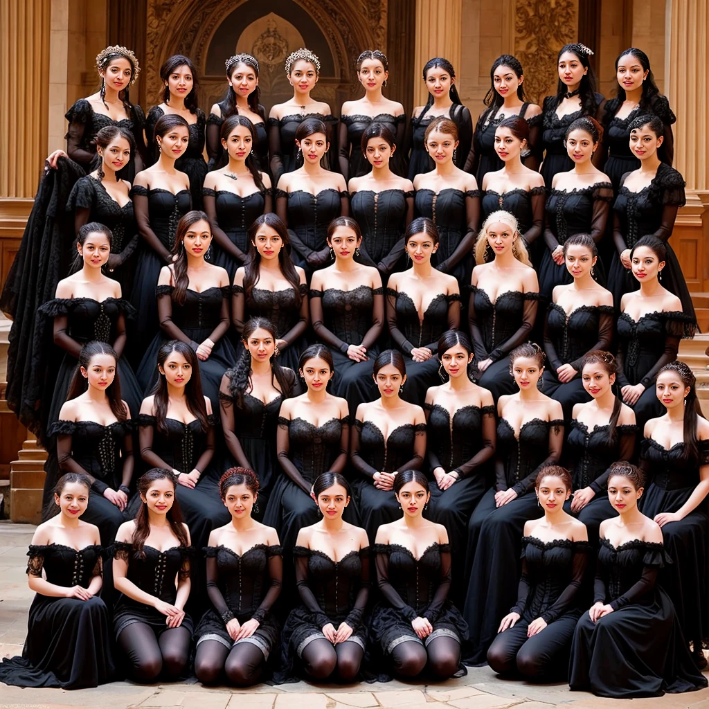 beautiful group of 18 person woman wearing gothic costume focus on face, in the opera stage