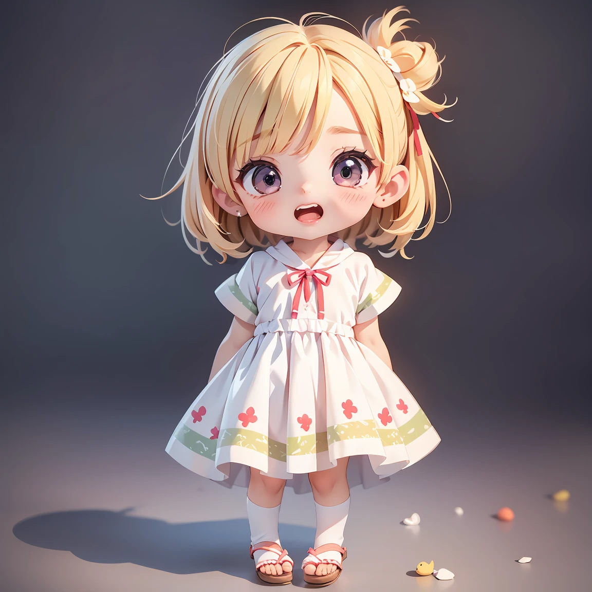 Super Chibi Character:1.8、wearing cute sandals、All-over simple and light color background:1.8、Blonde Hair、Cute 7 year old girl、Random cute outfits、Short legs、Short arms、Sandals with ribbon、Screaming in Munch's Scream pose:1.8、Screaming in Munch's Scream pose:1.8