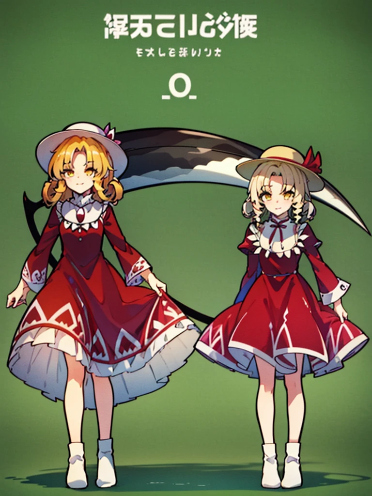 a drawing of an anime character in a red dress and boots with a large scythe, ((high end)), (UHD picture), (best quality,4k,8k,highres,masterpiece:1.2), top-quality(masterpiece), top-quality, ultra-detailed, highly detailed texture, intricate details, high quality textures, masterpiece, best quality, perfect quality, perfect anatomy, perfect body, perfect symmetrical face, 1 beautiful girl, 1 girl, alone, solo, , 10 years old, (((loli))), ((childish)), hat, white hat, blonde hair, long hair, parted bangs, drill hair, well-formed face, yellow eyes, maxi dress, red dress, dress, long sleeves, frills, long skirt, simple background, scythe, holding scythe, holding, white socks, smile, cute face, beautiful, holding scythe, from behind, to lift up one’s skirt, cowboy shot, from front, standing , raise one leg, crossed arms, arms up behind, arms behind back, hand between legs, put hands hip, one hand on hip, forward hands, arms raised in the air, punch hands, peace sign, waving, put up index finger, sit, lie down, closed eyes, lie face down, looking back, put one hand chest, leaning forward, cleavage, close up, horizontally outstretched arms, horizontally outstretched legs, front view, front face, huge breasts for short stature, cleavage is clearly visible ,G-Cup, heart hands