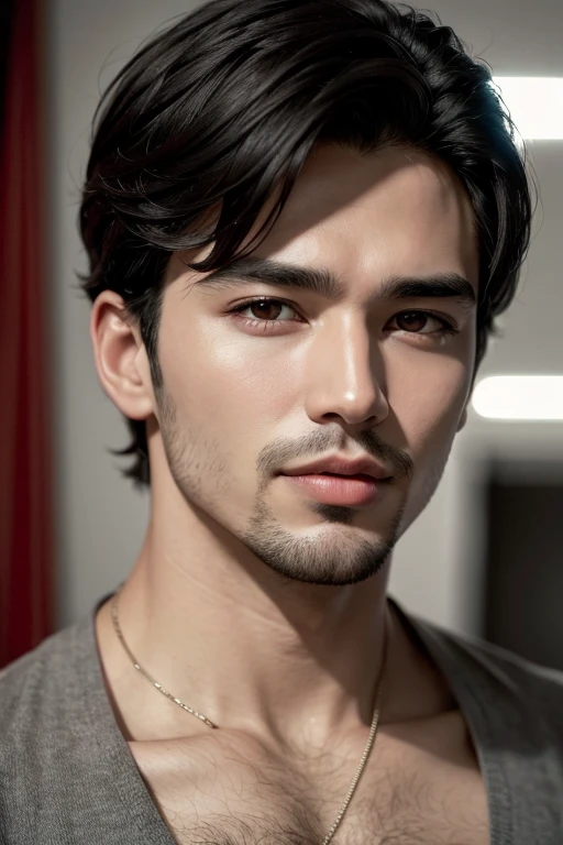 Face of a man with short black hair with a very beautiful red mouth. The man's hair is just black wavy. The man's eyes are turquoise blue. The man's mouth is a natural red color. The image highlights the mouth. The scenery behind the man is a mix of turquoise blue and purple.