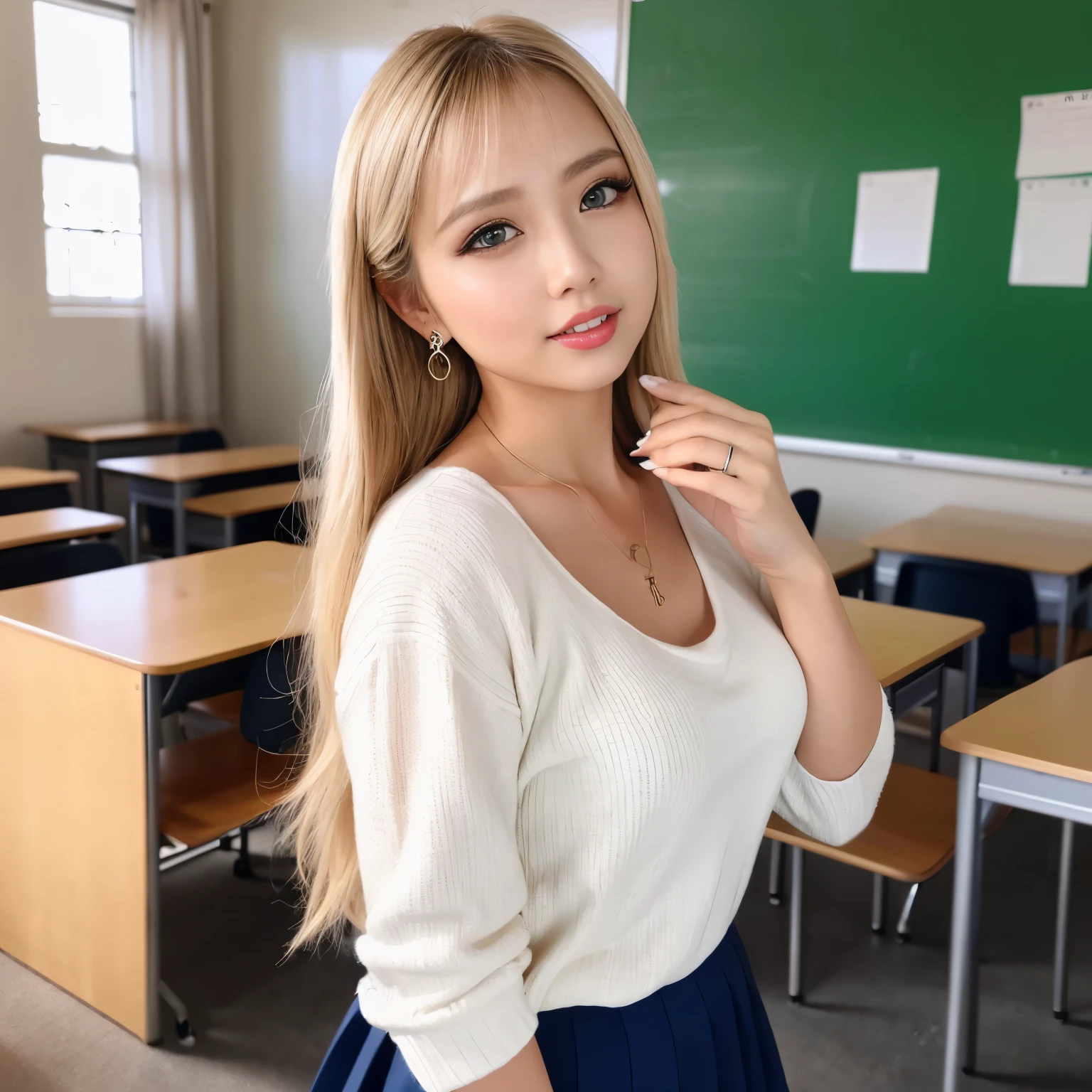(Highest quality、(Blonde gal、Stylish fashion 1.6)8k、Best image quality、Award-winning works)、10 women aged 20、Blonde Gal、Small Necklace、ring、small precise earrings、thin、Big Breasts、Accentuates bust line、Accurate anatomy、The look of pleasure on your face when you see me、The most natural and perfect high school classroom background、(Blurred Background:1.1)、(The most natural and authentic high school classroom decoration:1.1)、(The most natural and perfect arrangement of desks and chairs:1.1)、Perfect Makeup、(Ultra High Resolution Glossy, Fair skin:1.1)、Ultra-high resolution face、ultra high resolution hair、Ultra-high resolution shining eyes、Super high quality glossy lip、(Very brightly lit white skin:1.1)、Beautiful face drawn in every detail、whole photo、