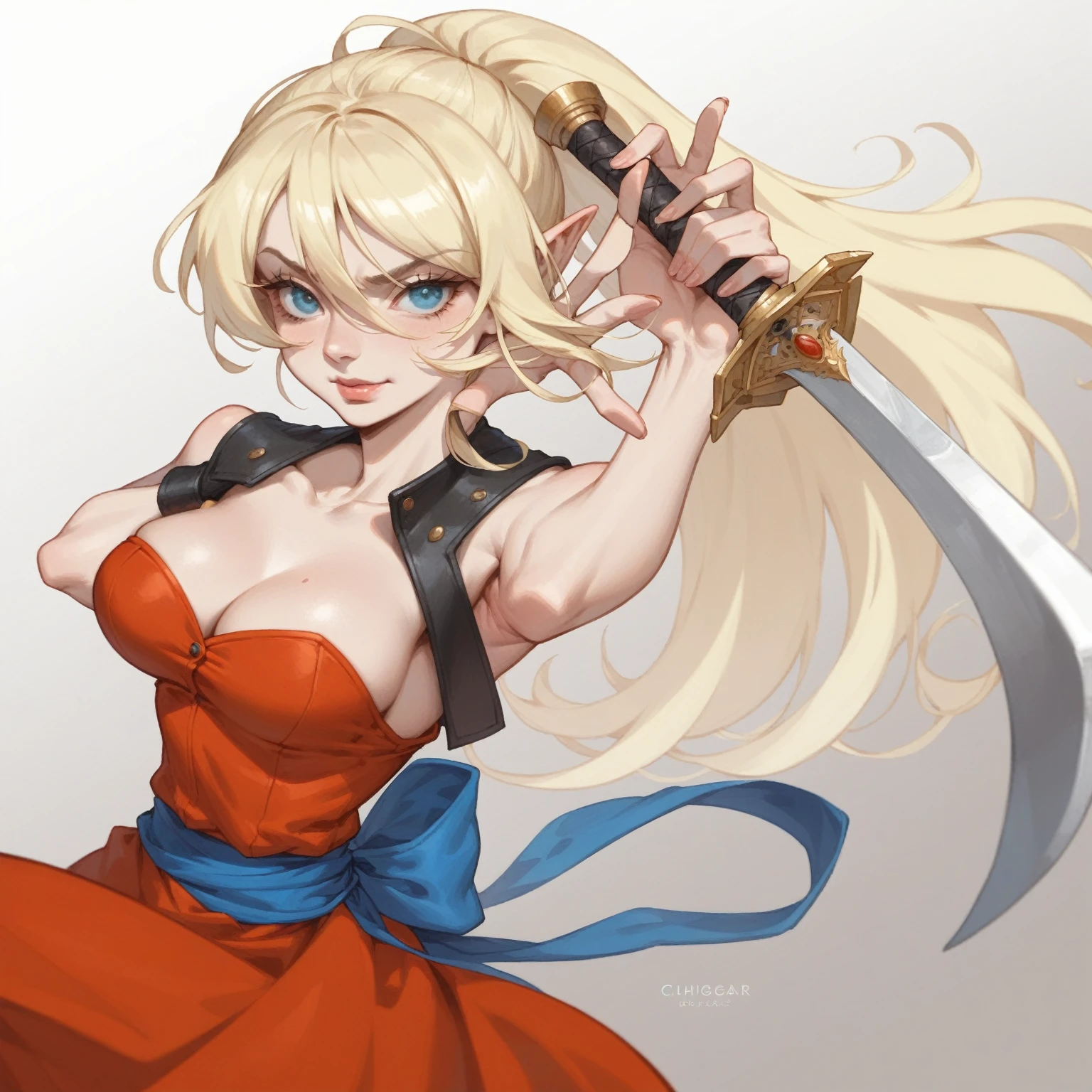 anime girl with a sword and a red dress holding a sword, natalie from epic battle fantasy, pinup. lord of daggers, anime in fantasy style, fan art, guilty gear art style, cel - shaded art style, , v from devil may cry as an elf, cushart kenz, inspired by Masamune Shirow, blonde - haired princess