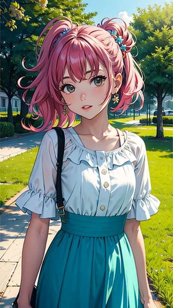 masterpiece, Highest quality, Spring outfit, Colorful Hair, Outdoor, ,Upper Body,Front facing