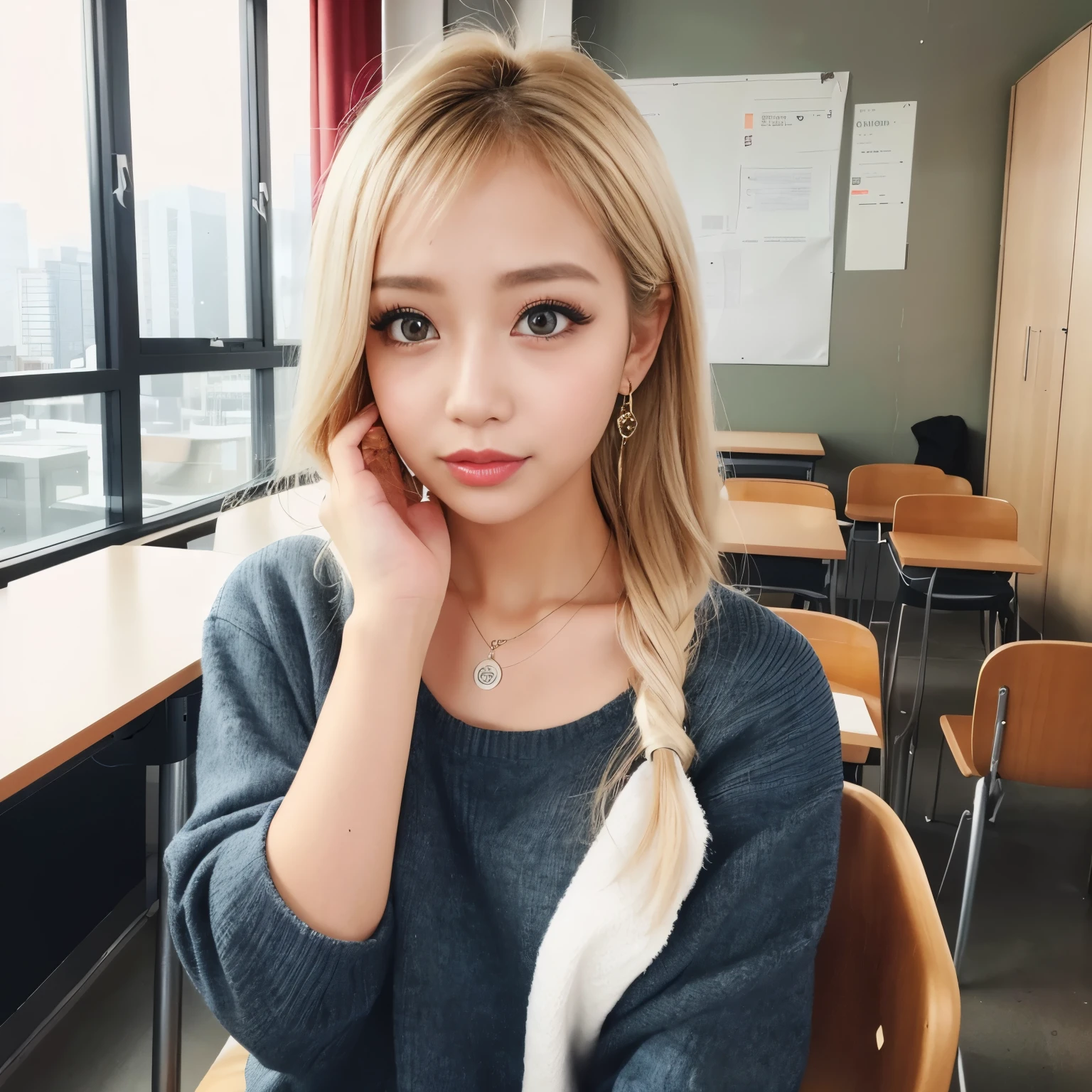 (Highest quality、(Blonde gal、Stylish fashion 1.6)8k、Best image quality、Award-winning works)、10 women aged 20、Blonde Gal、Small Necklace、ring、small precise earrings、thin、Big Breasts、Accentuates bust line、Accurate anatomy、The look of pleasure on your face when you see me、The most natural and perfect high school classroom background、(Blurred Background:1.1)、(The most natural and authentic high school classroom decoration:1.1)、(The most natural and perfect arrangement of desks and chairs:1.1)、Perfect Makeup、(Ultra High Resolution Glossy, Fair skin:1.1)、Ultra-high resolution face、ultra high resolution hair、Ultra-high resolution shining eyes、Super high quality glossy lip、(Very brightly lit white skin:1.1)、Beautiful face drawn in every detail、whole photo、