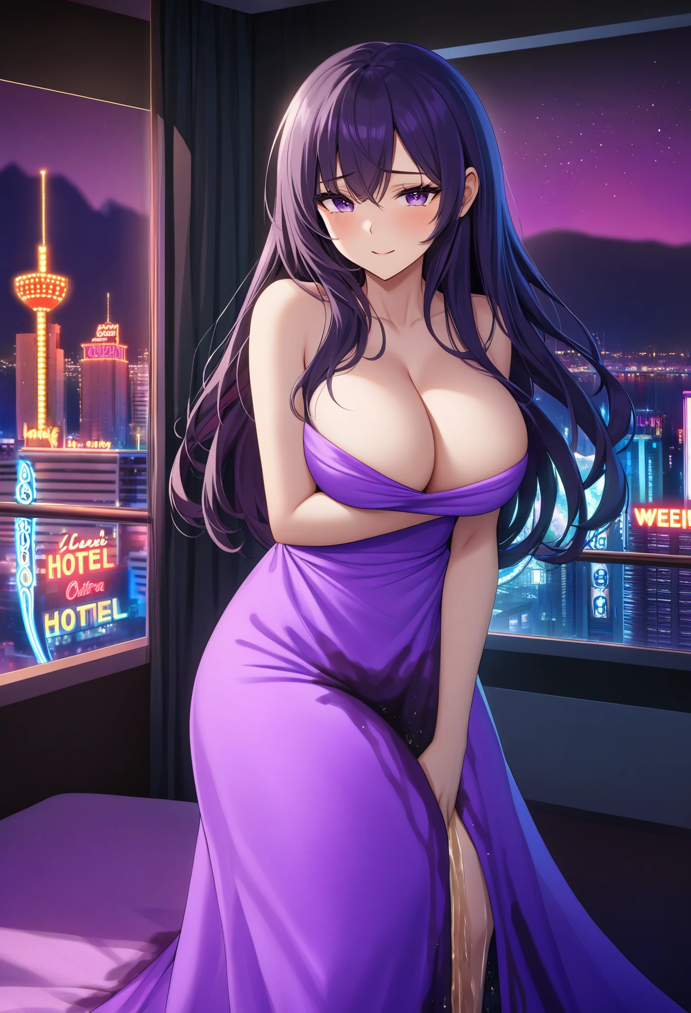 woman, very dark purple hair, purple eyes, long hair, large breasts, very long dress, very tight dress, standing, (wetting herself:1.5), best quality, ultra-detailed, HDR, studio lighting, professional, vivid colors, sharp focus, bokeh, landscape, love hotel, bed, night, window, cityscape, colorful city, neon lights, futuristic, science fiction, soft lighting, dynamic shadows, embarrassed, humiliation, blushing, naughty face, seductive expression, facing viewer