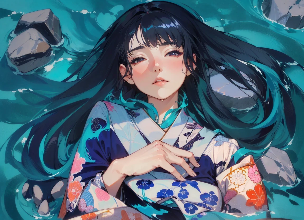 ((Japanese woman)) ((adult woman)) ((long hair)) ((black hair)) ((kimono)) ((dark blue kimono)) ((in water)) ((laying in the water)) ((water)) ((rocks))