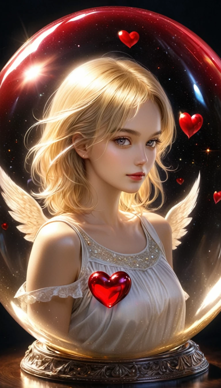 In a golden transparent glass bubble, Dark Star Background, Beautiful blonde 30 year old angel with a red heart, k resolution super detailed