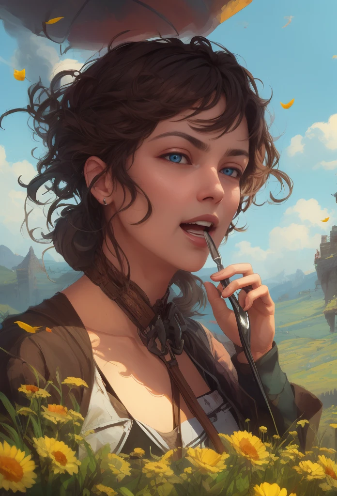 eating donutos in a vast green meadow, 4 k digital illustration by artgerm, wlop, james jean, andrei riabovitchev, marc simonetti, yoshitaka amano, artstation, cgsociety