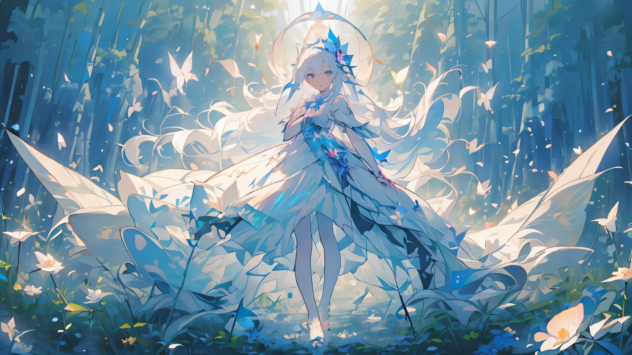 (Mastepiece), (Best Quality), Very detailed, 1 girl, (Solo full body shot:1.4), Perfect Face, beautiful girl, Very detailedな顔,(Long white hair:1.5),(blue eyes:1.4),(Lots of butterflies々:1.2)、(forest、Flower Field:1.4)、(Lots of petals:1.3)、(gem:1.3)、(smile:1.3)、Fairy、mysterious、Fantasy、beautiful、beautiful