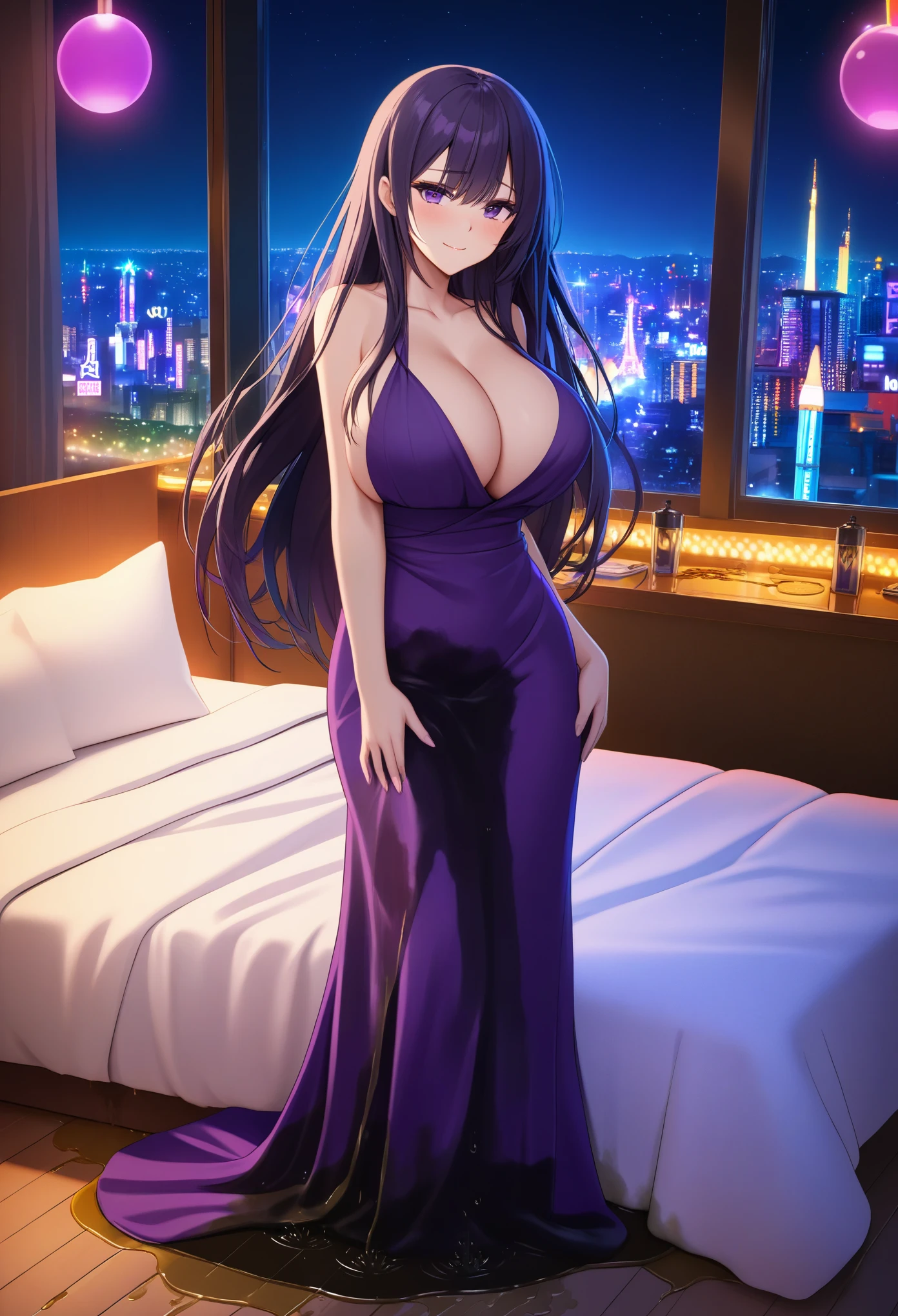 woman, very dark purple hair, purple eyes, long hair, large breasts, very long dress, very tight dress, standing, (wetting herself:1.5), best quality, ultra-detailed, HDR, studio lighting, professional, vivid colors, sharp focus, bokeh, landscape, love hotel, bed, night, window, cityscape, colorful city, neon lights, futuristic, science fiction, soft lighting, dynamic shadows, embarrassed, humiliation, blushing, naughty face, seductive expression, facing viewer