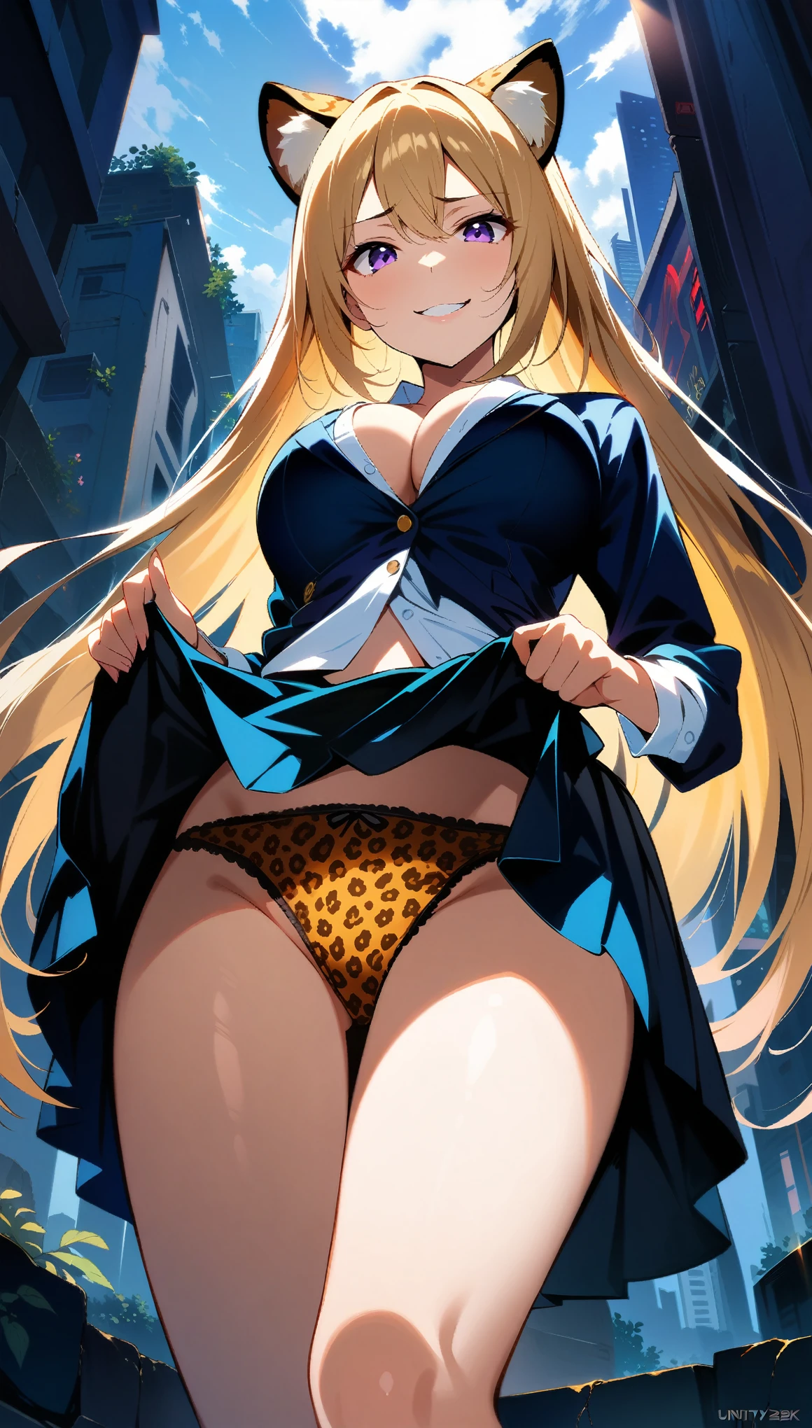 1 girl, Are stand, long hair, long twintail, golden hair, purple eyes, Leopard ear, ((Leopard print underwear)), (((Worn school uniforms))), (evil smile), (cowboy shot), (), (((showing underwear))), (((((skirt lift by myself))))), (((from front))), from below, ((looking at viewer)), ((32K)), ((best quality)), ((ultra high res)), ((HDR)), ((uhd)), ((extremely detailed CG)), ((unity 32K wallpaper)), ((perfect anatomy)),