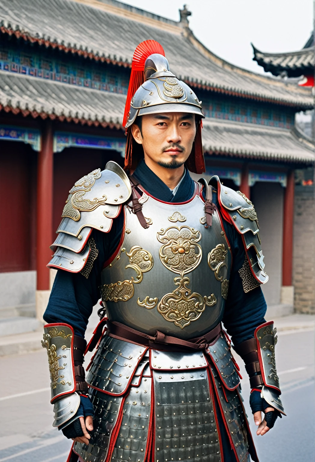 arafed man in armor standing on the street in front of a building, wearing ancient armor, chinese armor, wearing tribal armor, wearing ornate armor, wearing bullet-riddled armor, wearing heavy armor, wearing intricate steel armor, chinese warrior, full traditional chinese armor, inspired by Fan Kuan, wearing battle armor, wearing full armour