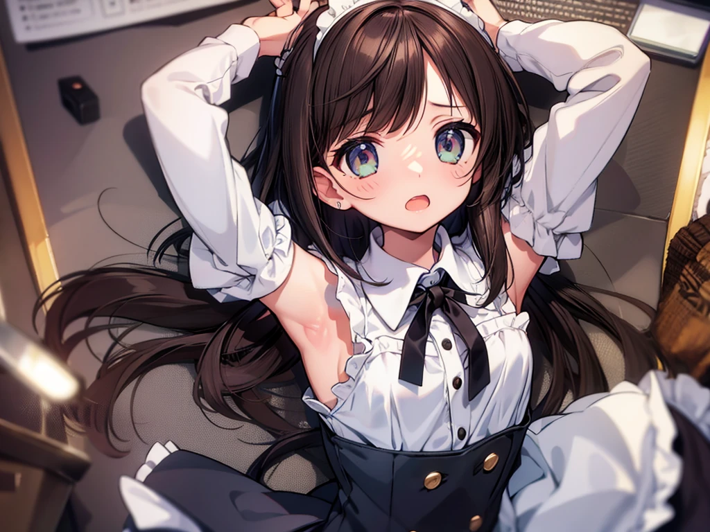maid uniform, detached sleeves, lying on back, bedroom, arms up, looking at viewer, from above, dutch angle, dark brown hair, dark brown eyes, white string panties, open mouth, best quality, ultra-detailed, high quality, high resolution, illustration, cinematic lighting, professional lighting, 1girl, cute, kawaii, solo, beautiful detailed eyes, skinny, slim legs, flat ass, presenting, embarrassed, blush, bokeh, blurry background, depth of field, soft focus