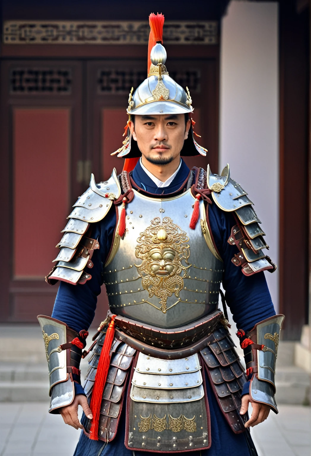 arafed man in armor standing on the street in front of a building, wearing ancient armor, chinese armor, wearing tribal armor, wearing ornate armor, wearing bullet-riddled armor, wearing heavy armor, wearing intricate steel armor, chinese warrior, full traditional chinese armor, inspired by Fan Kuan, wearing battle armor, wearing full armour