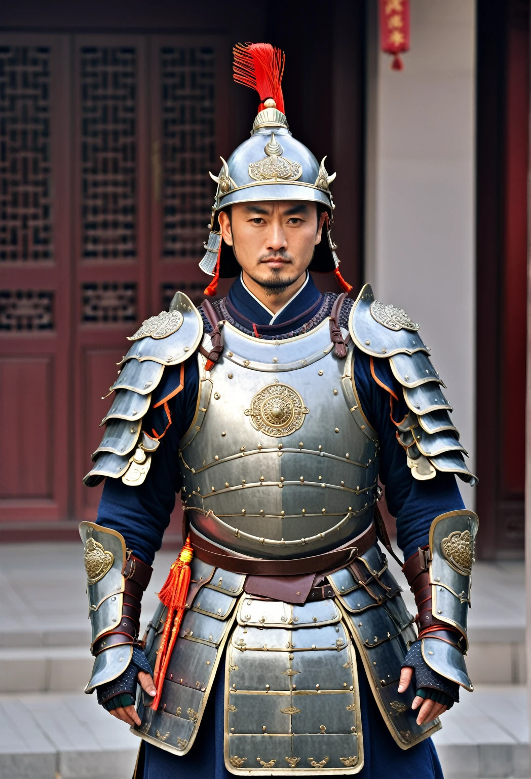 arafed man in armor standing on the street in front of a building, wearing ancient armor, chinese armor, wearing tribal armor, wearing ornate armor, wearing bullet-riddled armor, wearing heavy armor, wearing intricate steel armor, chinese warrior, full traditional chinese armor, inspired by Fan Kuan, wearing battle armor, wearing full armour