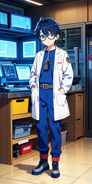 Full body, beautiful eyes , 1 boy , full body , cute boy , anime style , cute eyes , (standing up) ,boy, (Engineers wear utility belts packed with tools and gadgets. They are often seen with safety goggles and lab coats or jumpsuits with pockets filled with various mechanical parts and blueprints.)