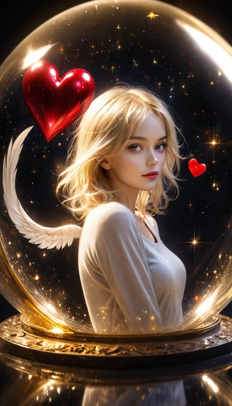 In a golden transparent glass bubble, Dark Star Background, Beautiful blonde 30 year old angel with a red heart, k resolution super detailed