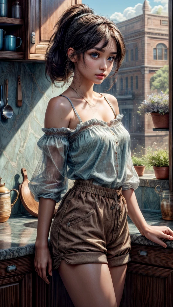 ultra-detailed realistic, 1 girl, standing alone, long brown hair, eye white, bangs over eyes, ponytail hair style, hair pulling back, all-body, Ultra realistic delicate face with deep details, kitchen background, Shorts with open zipper showing beautiful pubic hair, chemise, tool belt, insane details, ultra-realistic image, perfect symmetry, vibrant and clear, dynamic view, high level of detail and definition, 1200 PPI – Photographic resolution with greater color realism, hyperrealisti, high fidelity, cinematic, 8K UHD image resolution.