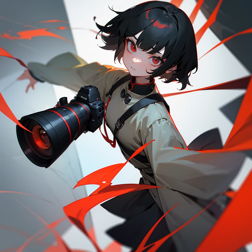 Neutral gender with short black hair and red eyey hobby is photography。trying to capture the strangeness。