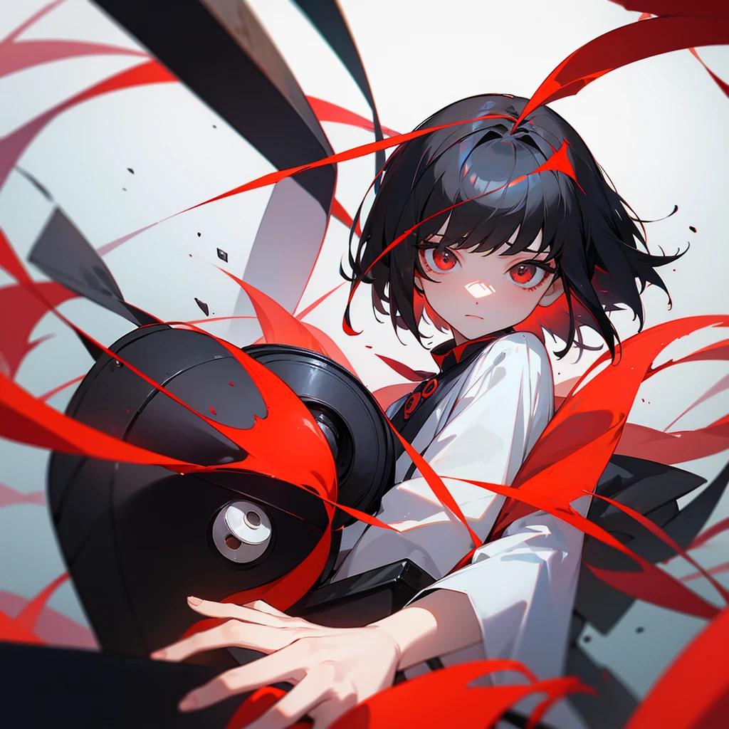 Neutral gender with short black hair and red eyey hobby is photography。trying to capture the strangeness。