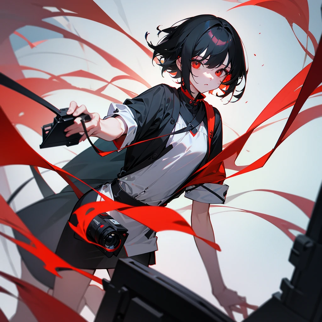 Neutral gender with short black hair and red eyey hobby is photography。trying to capture the strangeness。