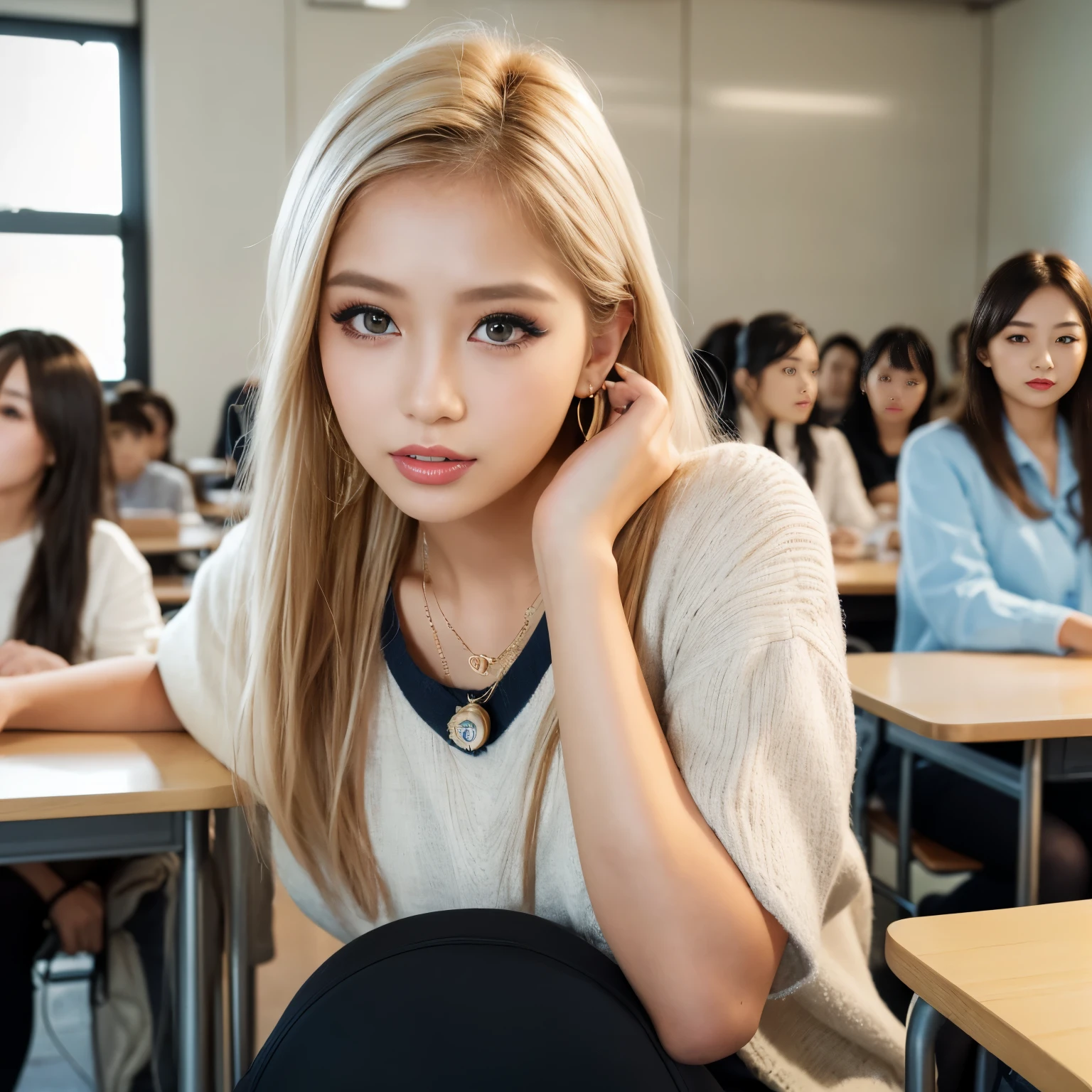 (Highest quality、(Blonde gal、Stylish fashion 1.6)8k、Best image quality、Award-winning works)、20-year-old female、((10 people、Look at this together:1.8))、Blonde Gal、Small Necklace、ring、small precise earrings、thin、Big Breasts、Accentuates bust line、Accurate anatomy、The look of pleasure on your face when you see me、The most natural and perfect high school classroom background、(Blurred Background:1.1)、(The most natural and authentic high school classroom decoration:1.1)、(The most natural and perfect arrangement of desks and chairs:1.1)、Perfect Makeup、(Ultra High Resolution Glossy, Fair skin:1.1)、Ultra-high resolution face、ultra high resolution hair、Ultra-high resolution shining eyes、Super high quality glossy lip、(Very brightly lit white skin:1.1)、Beautiful face drawn in every detail、whole photo、