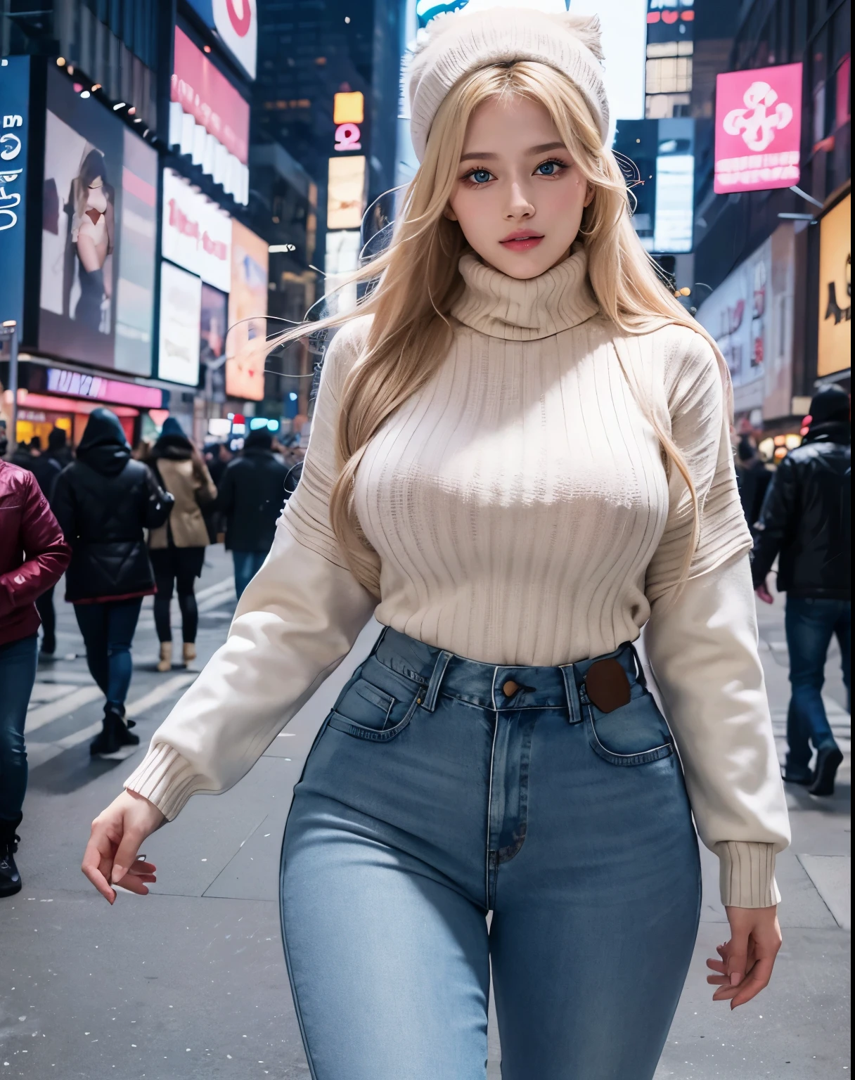 1girl, (Blue Eyes), (smiling), (Sana Minatozaki), (beautiful makeup :1.2), wide hips, (big tits), (big ass), thin waist, thick thighs, toned legs, muscle, (Best Quality, 8k, Masterpiece: 1.3), Clear Focus: 1.2, Perfect Body Beauty: 1.4, strong abs, Highly detailed face and skin texture, detailed eyes, double eyelids, pink lips, (blonde long straight hair :1.2), ((turtleneck sweater :1.2)), ((jeans :1.2)), (warm winter jacket), ((scarf)), hat, warm clothing, standing, dynamic pose, winter, snowing, on the streets of Times Square at night, buildings illuminated by colorful signs, cold, out of focus background