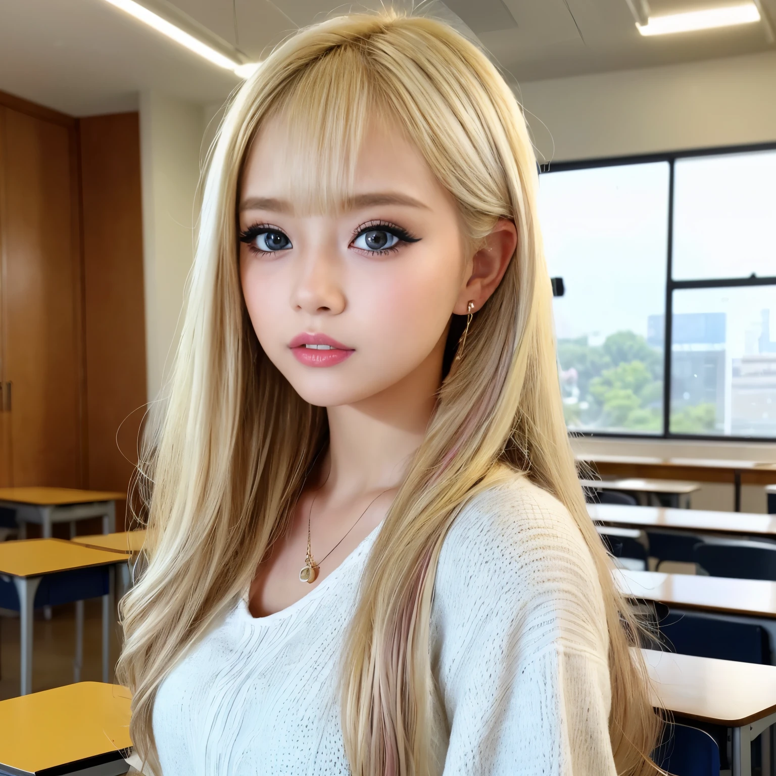(Highest quality、(Blonde gal、Stylish fashion 1.6)8k、Best image quality、Award-winning works)、20-year-old female、((5人のかわいいBlonde gal:1.8))、Blonde Gal、Small Necklace、ring、small precise earrings、thin、Big Breasts、Accentuates bust line、Accurate anatomy、The look of pleasure on your face when you see me、The most natural and perfect high school classroom background、(Blurred Background:1.1)、(The most natural and authentic high school classroom decoration:1.1)、(The most natural and perfect arrangement of desks and chairs:1.1)、Perfect Makeup、(Ultra High Resolution Glossy, Fair skin:1.1)、Ultra-high resolution face、ultra high resolution hair、Ultra-high resolution shining eyes、Super high quality glossy lip、(Very brightly lit white skin:1.1)、Beautiful face drawn in every detail、whole photo、