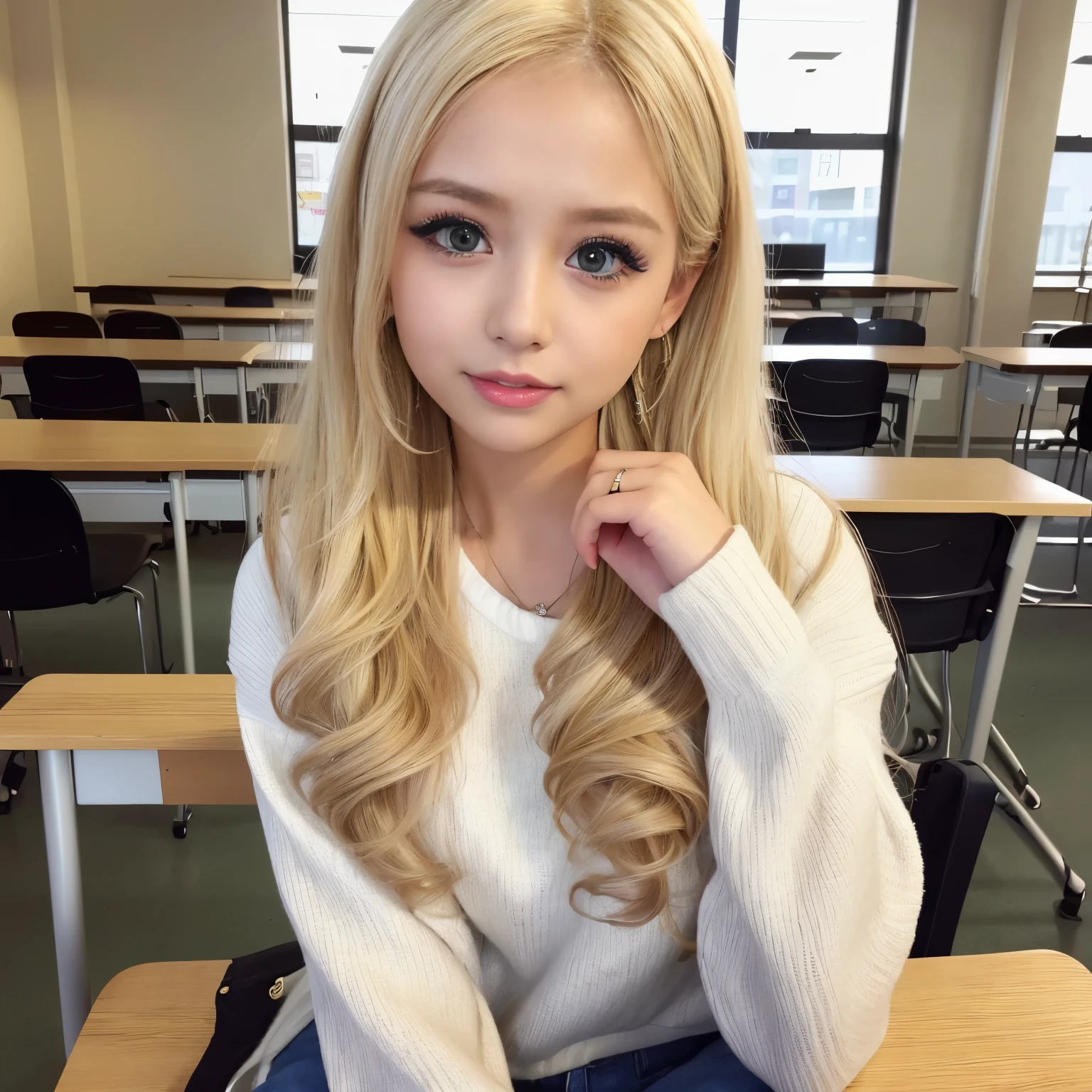 (Highest quality、(Blonde gal、Stylish fashion 1.6）8k、Best image quality、Award-winning works)、20-year-old female、((5人のかわいいBlonde gal:1.8))、Blonde Gal、Small Necklace、ring、small precise earrings、thin、Big Breasts、Accentuates bust line、Accurate anatomy、The look of pleasure on your face when you see me、The most natural and perfect high school classroom background、(Blurred Background:1.1)、(The most natural and authentic high school classroom decoration:1.1)、(The most natural and perfect arrangement of desks and chairs:1.1)、Perfect Makeup、(Ultra High Resolution Glossy, Fair skin:1.1)、Ultra-high resolution face、ultra high resolution hair、Ultra-high resolution shining eyes、Super high quality glossy lip、(Very brightly lit white skin:1.1)、Beautiful face drawn in every detail、whole photo、
