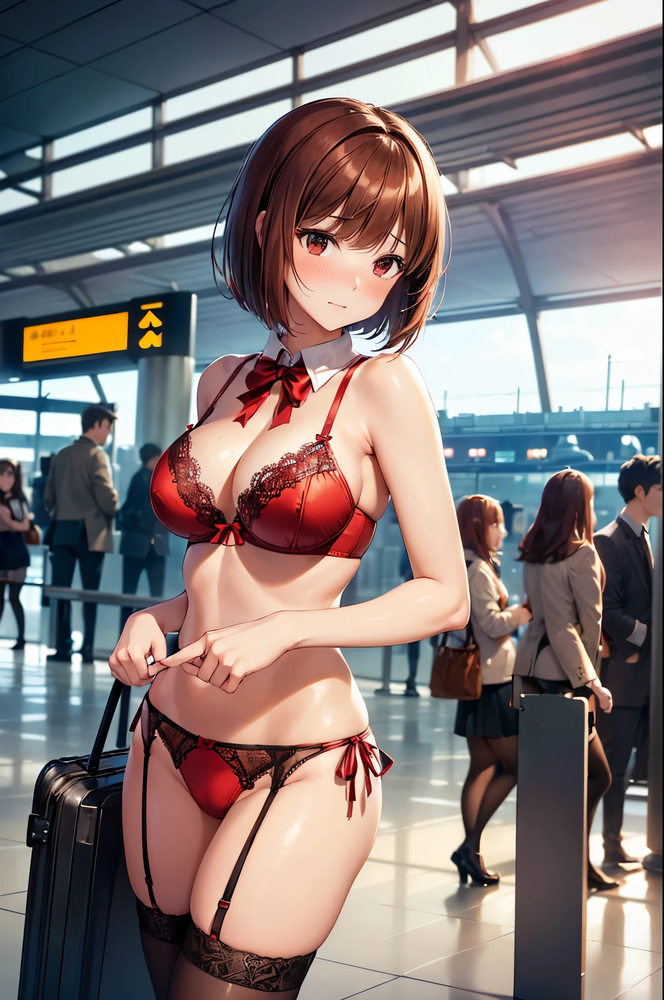 (((masterpiece, Highest quality, High resolution, 超High resolution, Perfect Pixel, Depth of written boundary, 4K, RTTX 10.0))), Beautiful Anime Woman, Beautiful art style, Anime characters, ((Smooth texture, Realistic texture, Anime CG Style)), Perfect and accurate finger count、Exact number of legs、(Exact number of arms:1.0, Exact number of hands:1.0), (Perfect hands, Perfect Anatomy), Cinematic, Realistic, Extremely detailed CG, Daytime lighting, Perfect lighting, Best Shadow, The best natural light, whole body, Perfect body, バランスのとれたPerfect body, Perfectly balanced style, Soft body, Slender body, ((bangs, Reddish brown hair, Stylish bob cut)), ((A cute adult woman is walking:1.8)), ((Bow tie around neck:1.3), (Sexy and cute red underwear:1.3), (Stylish shiny red satin panties, Side-tie panties, Panties with plain red center and lace decoration on the sides:1.3), (Thin panties:1.3), (Red Micro Lace Satin Bra, Red bra with lace trim around the edges, Thin bra:1.3), (lace garter belt, Garter Strings, Knee socks:1.3):1.4), (Beautiful big boobs:1.1), (Embarrassed expression:1.5), blush, (Airport lobby, There are many people in the background々:1.7), naked, In underwear, ブラとパンティとKnee socksとガーターベルトだけ, Carry bag with casters, 黒いKnee socks, High heels, Angle from below the front