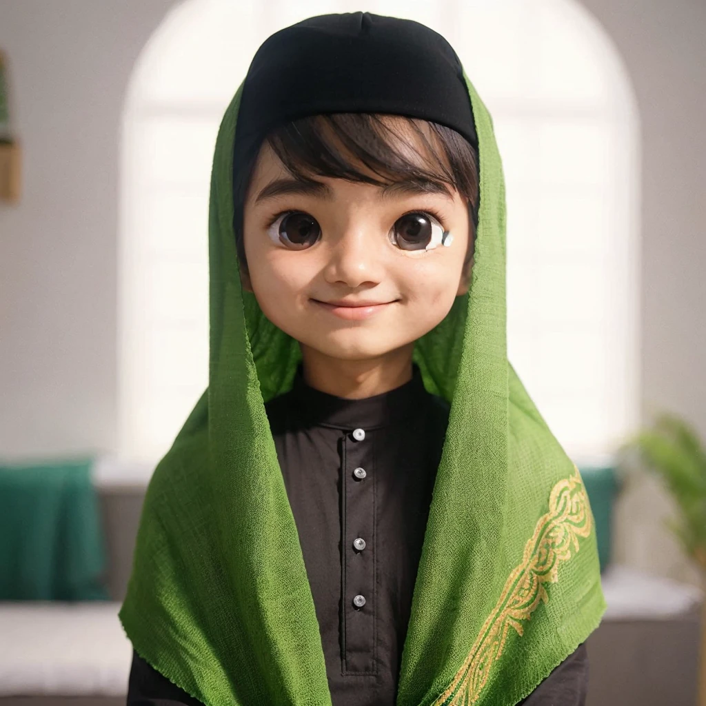 there is a 20 year old man with a clean and round face, wearing a green shawl over a black songkok, wearing a black t-shirt, black sarong, in a surau with a 3D happy face.