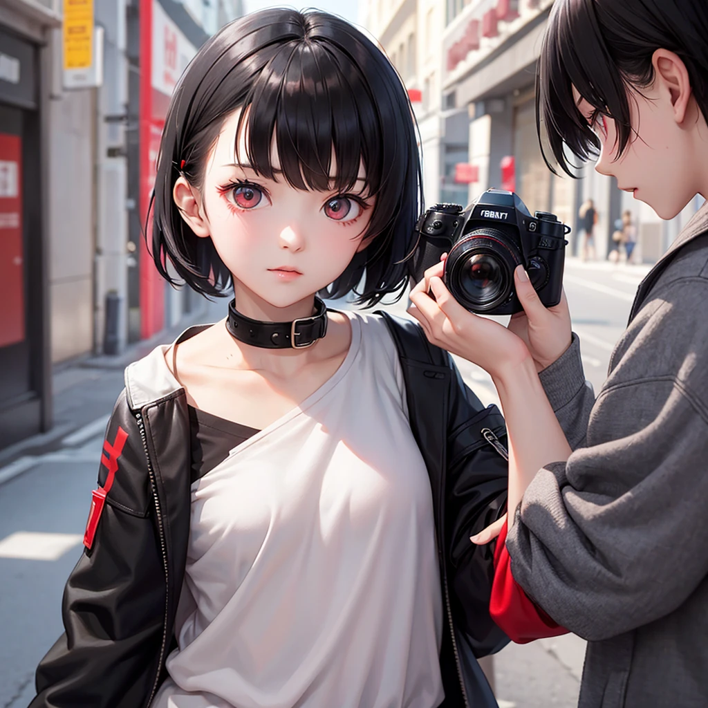 Neutral gender with short black hair and red eyey hobby is photography。trying to capture the strangeness。