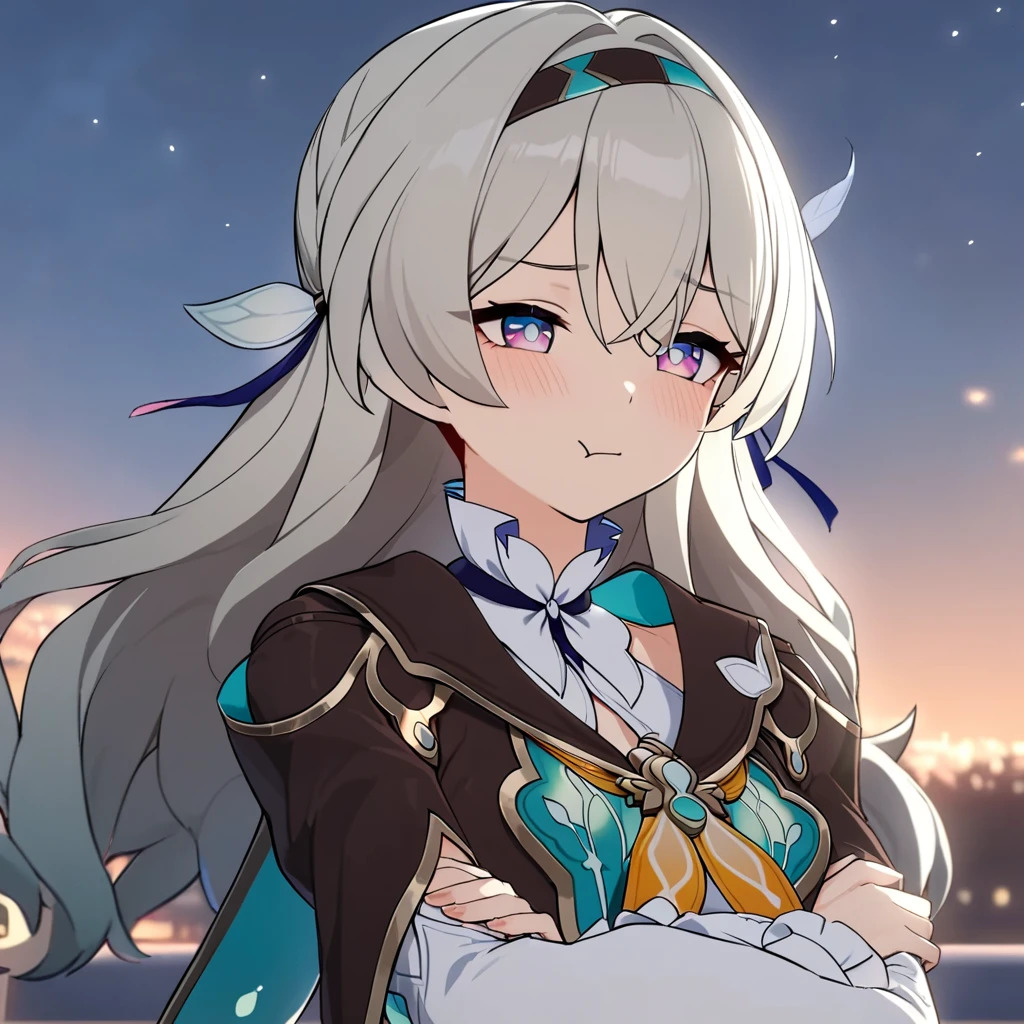 best quality, masterpiece, firefly \(honkai: star rail\), 1girl, solo, outdoors, arms crossed, pout , bothers, closed mouth, heart pupils, blushing, , white dress, long sleeves, night sky, :d, star \(sky\)