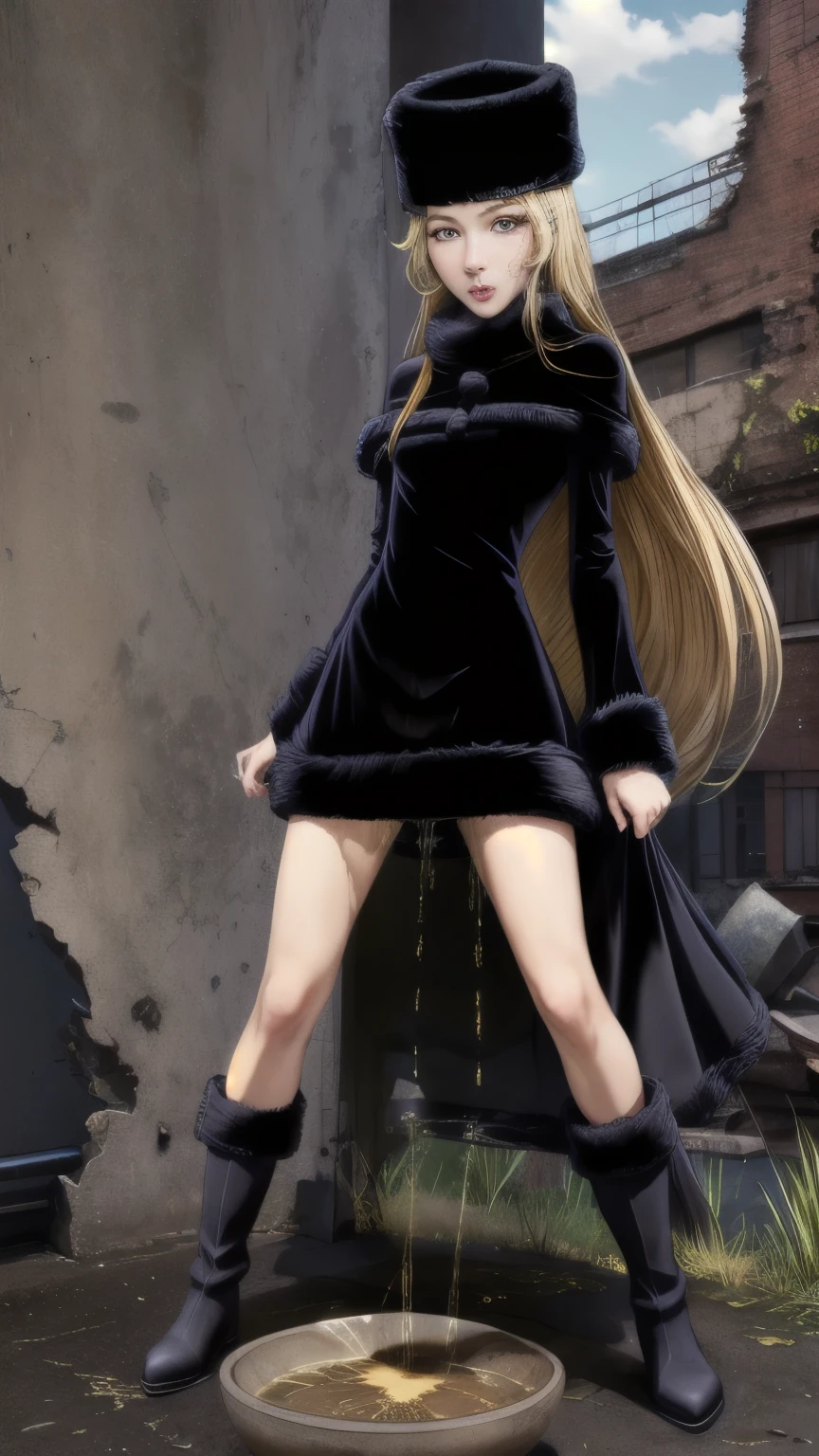 best quality, masterpiece, high resolution, extremely detailed, intricate details, (frontal photography, view from below), looking at the camera,
solo, a beautiful woman, (maetel, long hair, blonde hair, fur-trim, black-headwear, fur-hat, long-sleeves dress, black heel boots:1.5),
detailed face, detailed eyes, sophisticated nose, fine-textured skin, pale skin, (ashamed,half open mouth),
(peeing self, urination:1.5),(standing with spread legs apart, and straddling a small bowl, urine into a bowl,pee puddle in bowl:1.4),
photo background, outdoors, city ruins, ruins, concrete, overgrown, 