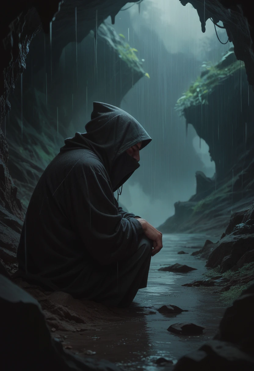 A person in mysterious rain hood waking up in a dark mysterious cave.