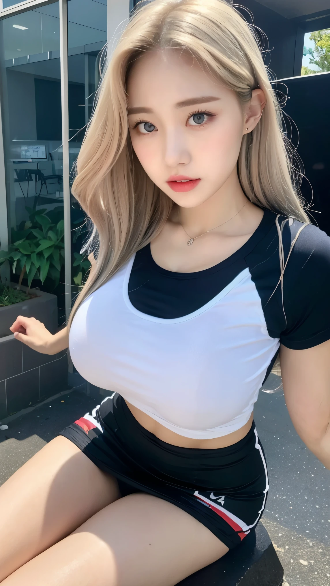 A girl with a perfect figure， very beautiful face and eyes，platinum hair， , Huge breasts,Huge breasts,The bust is really big，Baogou,racing girl clothing,Low-cut, mini skirt,beautiful skin，Soaked clothes