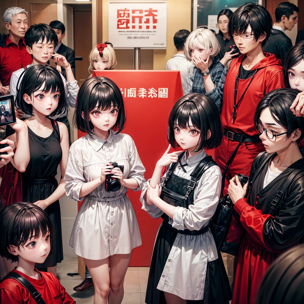 Neutral gender with short black hair and red eyey hobby is photography。trying to capture the strangeness。