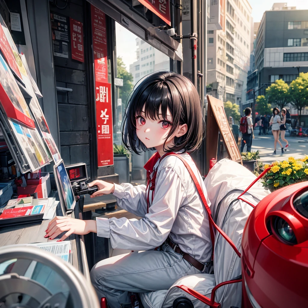 Neutral gender with short black hair and red eyey hobby is photography。trying to capture the strangeness。