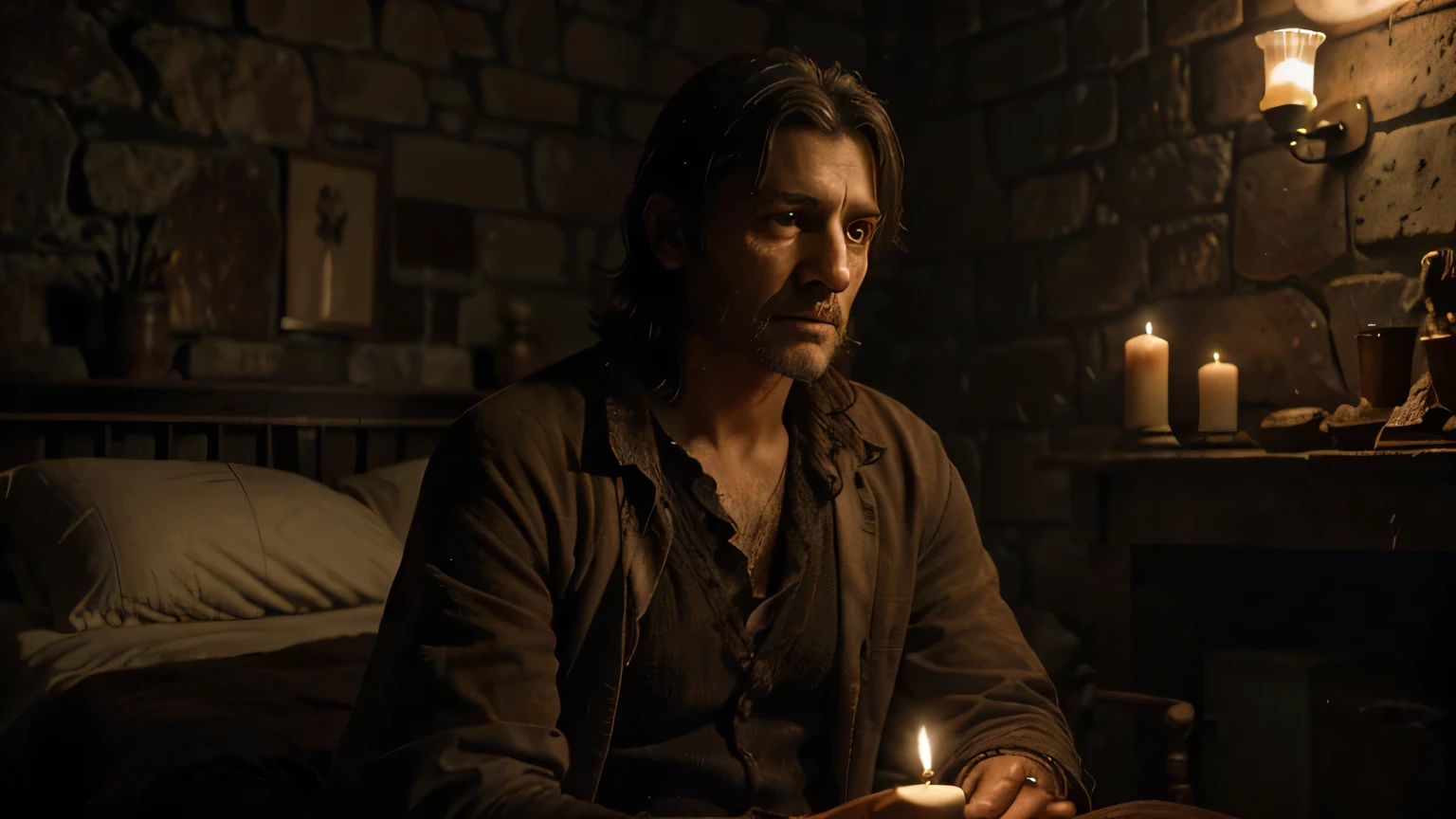 At night, a middle-aged brown-haired man, Jairo, expression of great concern, dressed in a tattered brown robe, sitting in a chair next to a bed, dimly lit room, with stone walls, in the light of a single candle (best quality). ,4k,8k,high resolution,masterpiece:1.2),ultra detailed,(realistic,photorealistic,photorealistic:1.37),chiaroscuro lighting,dramatic lighting,intricate details,cinematic composition,natural skin tones,highly detailed facial features, Expressive eyes, detailed hands, aged and worn appearance, dramatic shadows, dusty prison interior, rough stone walls, rusty iron bars, flickering candlelight, historical, renaissance, oil painting.