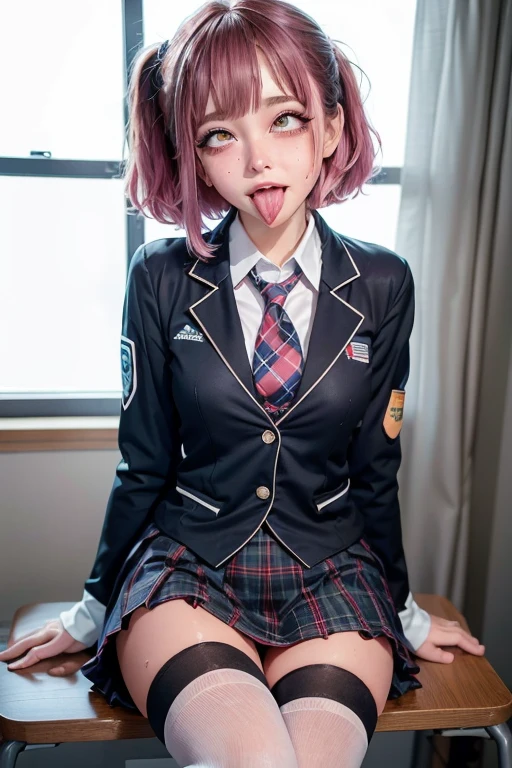 high quality, detailed,girl,(very wet uniform, blazer uniform),a mole under the eye,(bob hair,bob hair),plaid skirt,(tounge out),(blushing:1.3),smile,orgasm,ecstasy,smaller breasts,sit on the desk,overknee socks,Saliva,whole body